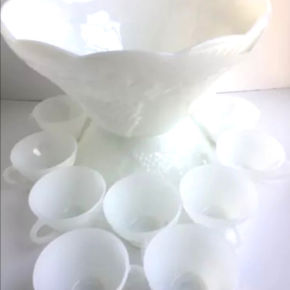 Vintage Milk Glass “Harvest Grape” Anchor Hocking Punch bowl & 10 cups